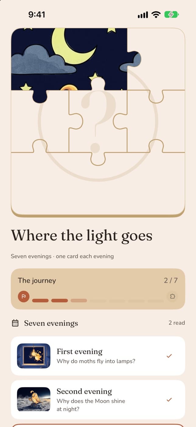 The week’s journey and its jigsaw, one piece each night